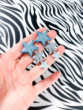 Load image into Gallery viewer, Christmas earrings ~ Blue and Silver Glitter Trio Star Dangle ~ By Sapphire Frills