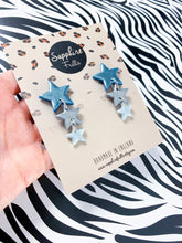 Load image into Gallery viewer, Christmas earrings ~ Blue and Silver Glitter Trio Star Dangle ~ By Sapphire Frills