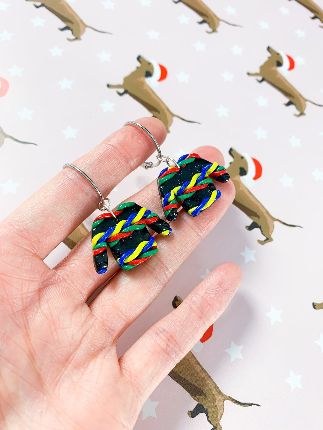 Christmas earrings ~ Rainbow Knitted Christmas Jumper Dangles ~ By Sapphire Frills